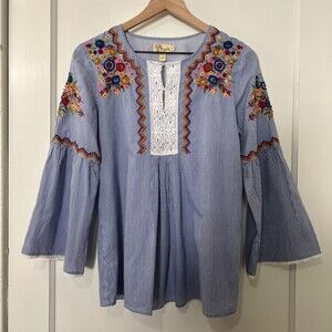 Aryeh Blue White Stripe Bell Sleeve Top Floral Beaded Embroidered - Women's S